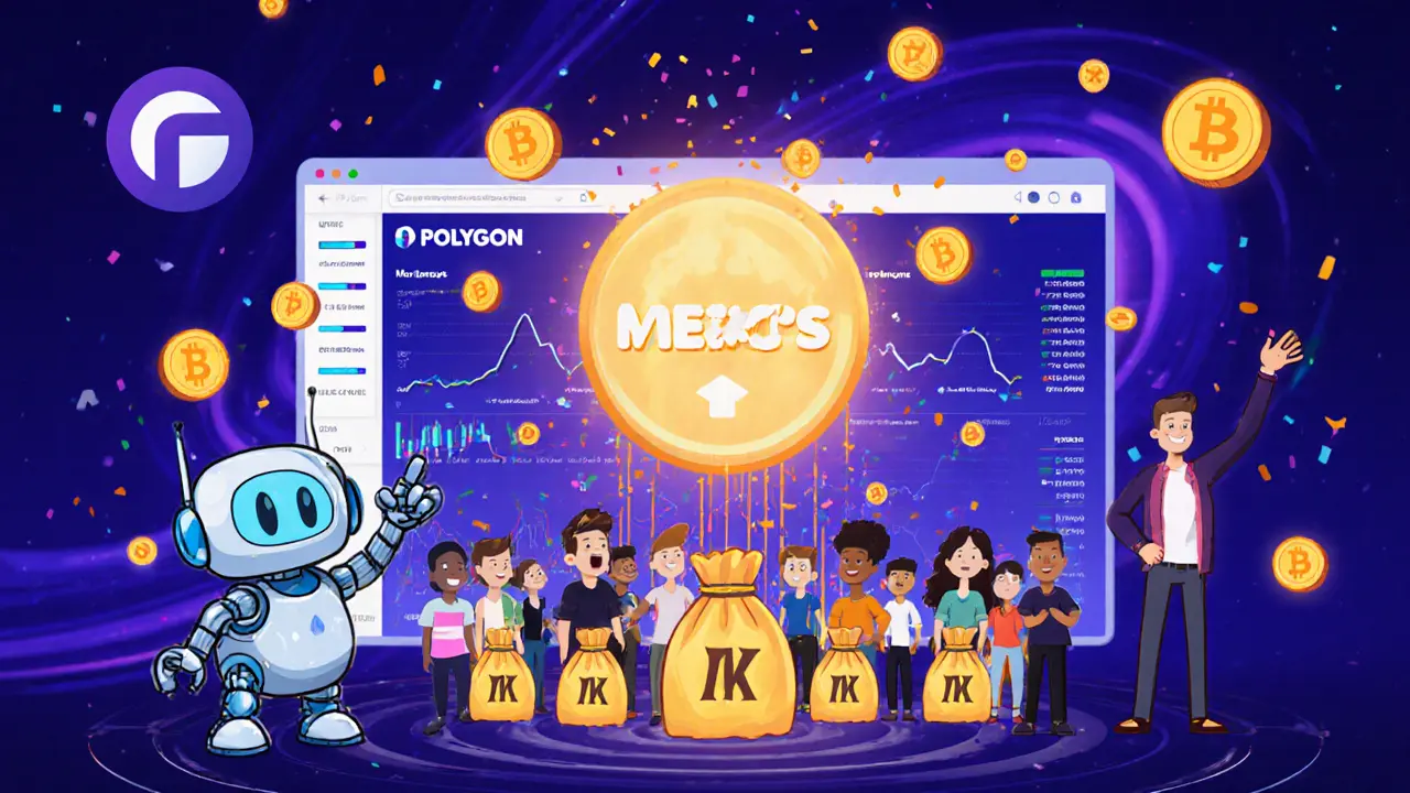 Cartoon exchange dashboard launches an airdrop, tokens raining onto excited avatars.