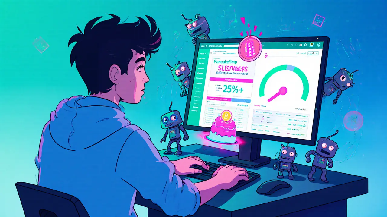 Crypto trader swapping BNB for BNBCakeCoin with high slippage meter and bots.