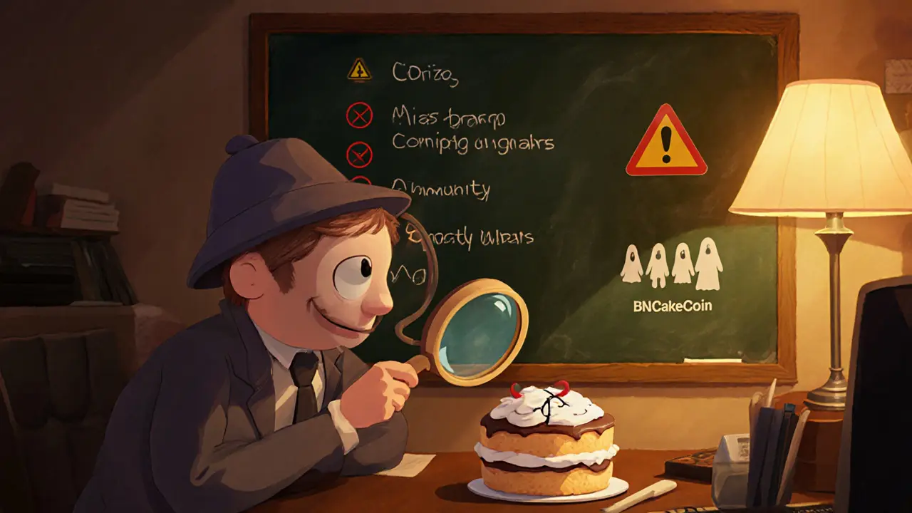 Detective examining cracked BNBCakeCoin cake with audit and supply red flags.