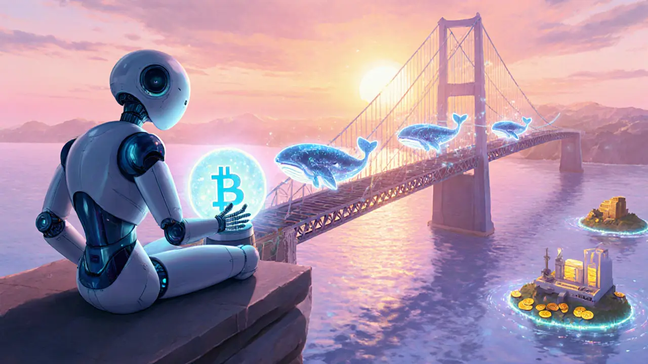 Futuristic robot on a bridge watching digital whales move between Bitcoin and Ethereum islands.