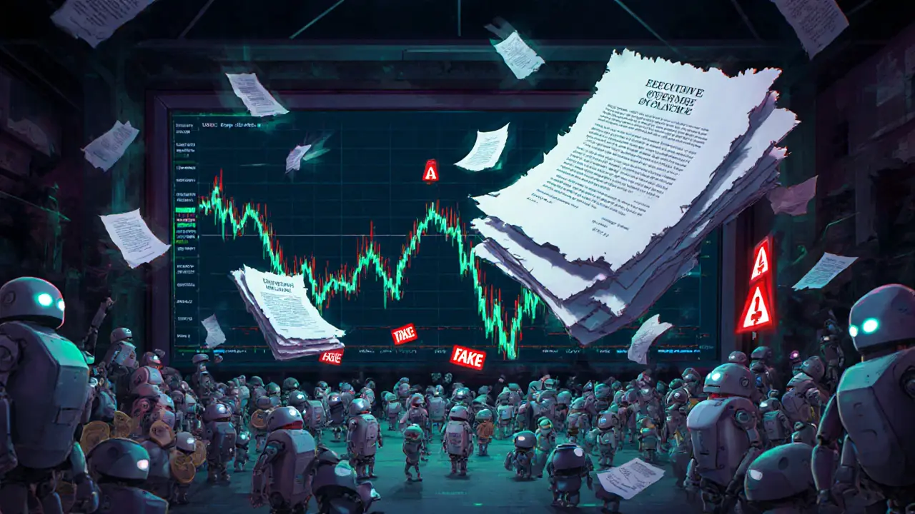 Pixar‑style trading floor with falling chart, bots, and floating fake documents.