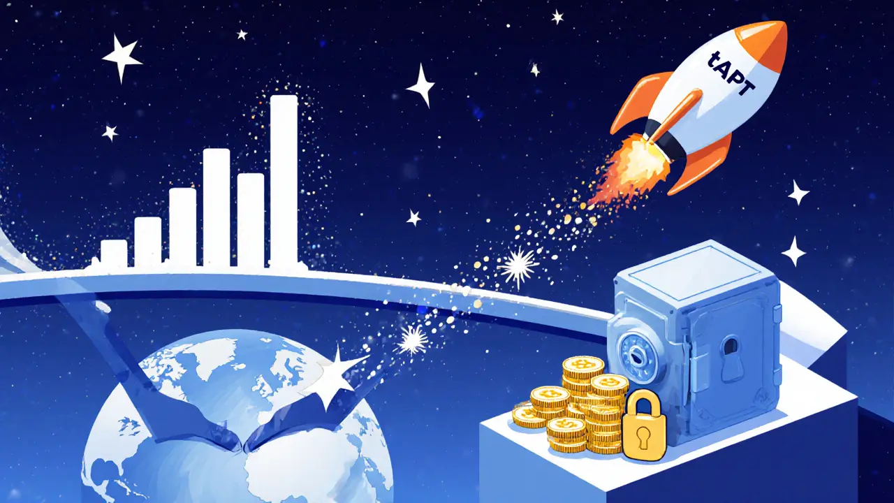 Rocket labeled tAPT soaring past starry sky with bridge and vault symbols.