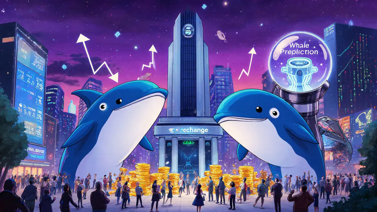 Two large whale characters move coins in a market plaza, affecting price arrows and an AI prediction robot.