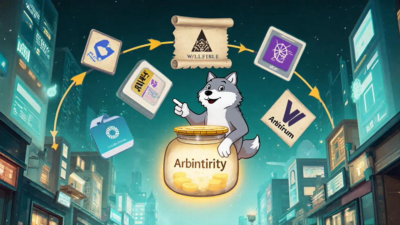 Wolf mascot showcases Wolfible NFT marketplace and charity fund with future expansion icons.