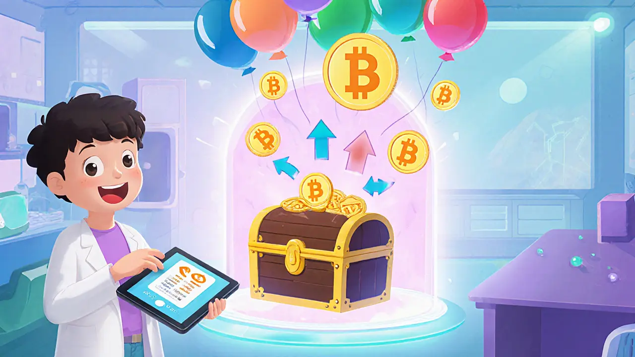 Young character using a tablet, turning APT coins into floating tAPT tokens.