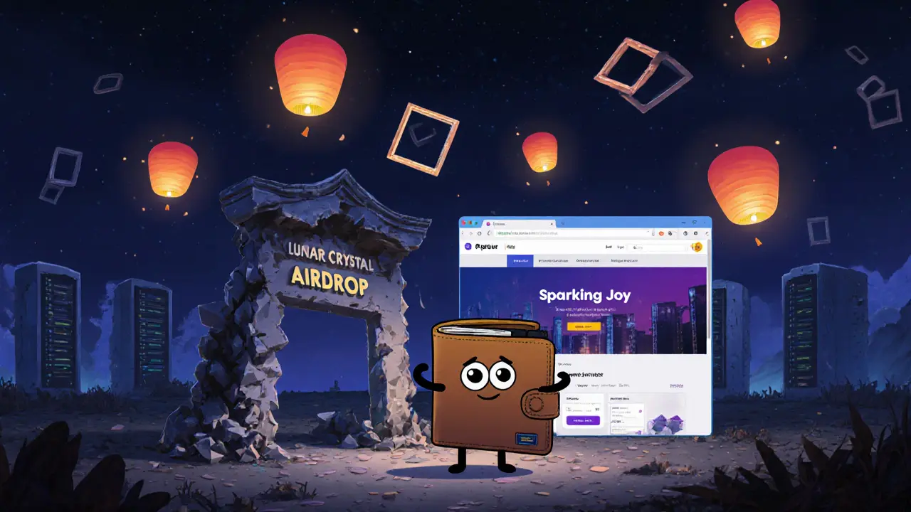 A cartoon wallet stands before a crumbling portal labeled &#039;Lunar Crystal Airdrop&#039;.