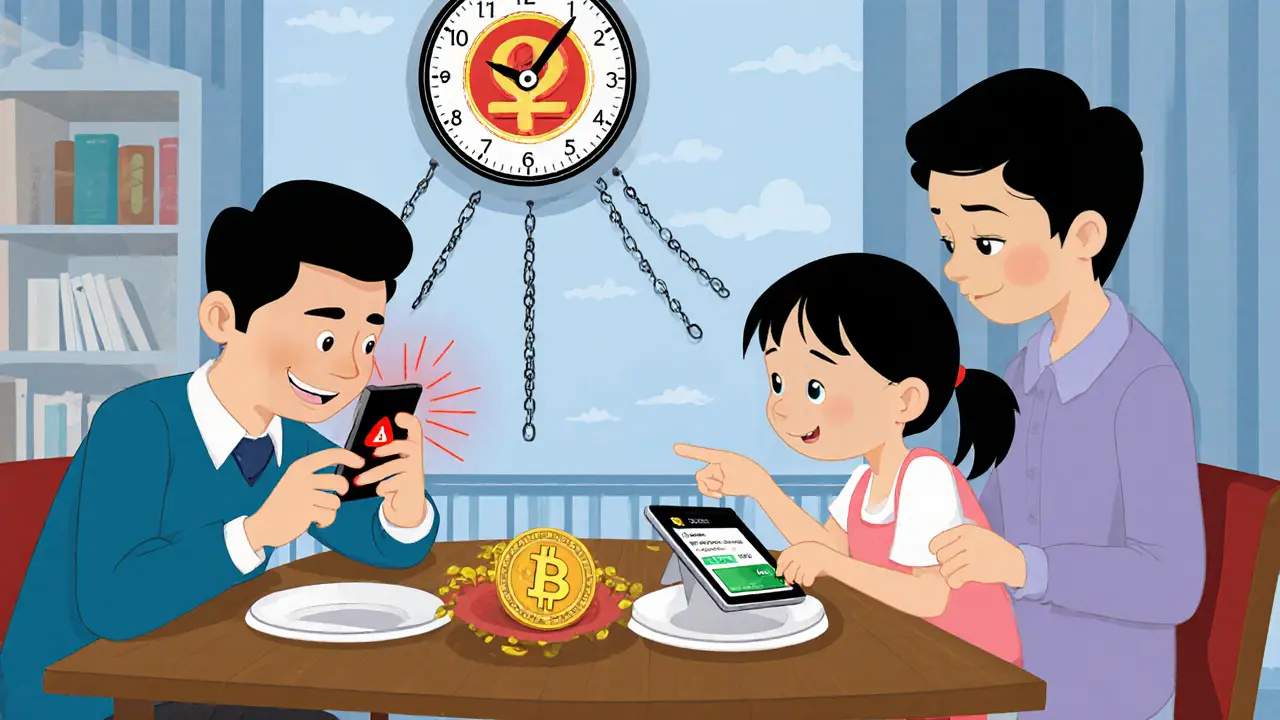 A family at dinner, father trying to open a blocked crypto app while daughter uses digital yuan, with a government emblem watching from the clock.