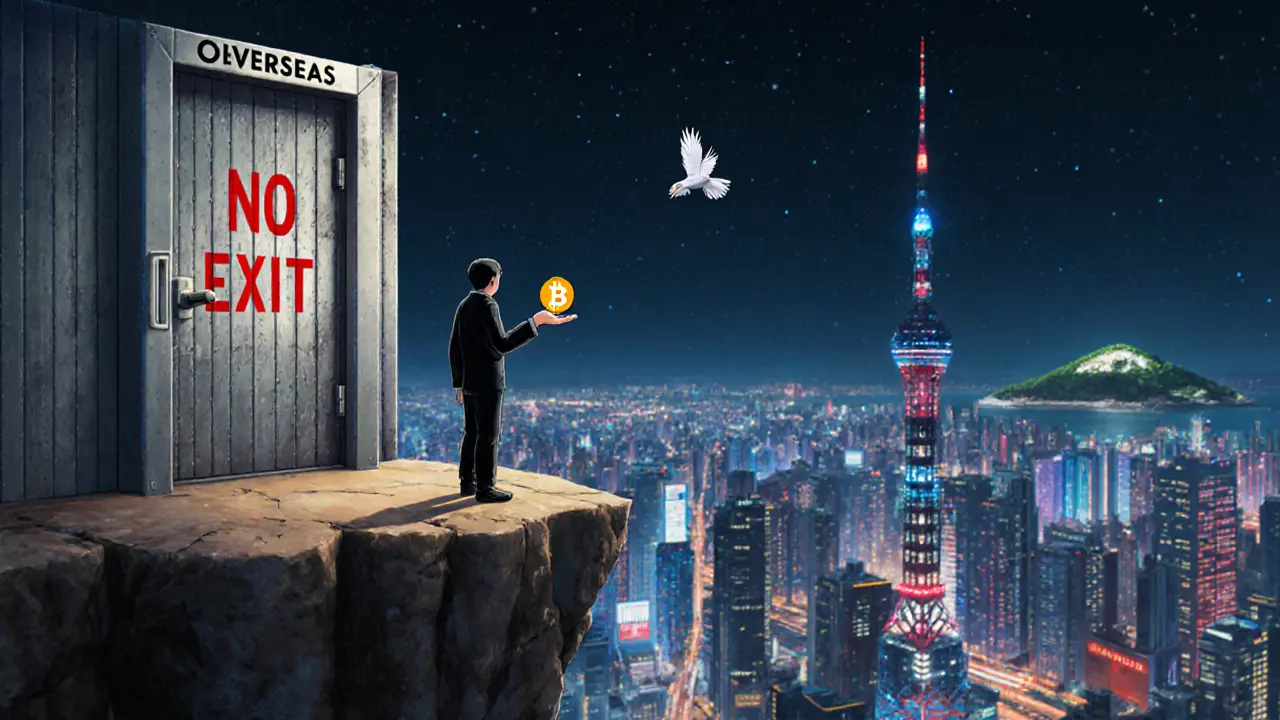 A figure on a cliff holding a Bitcoin, facing a city powered by digital yuan, with a welded door blocking the path to freedom beyond.