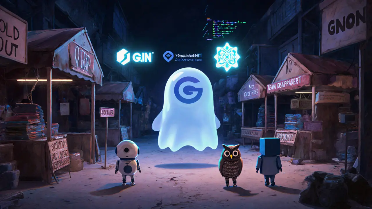 A ghostly GNON figure drifts through an empty crypto market as real AI projects walk away into the light.