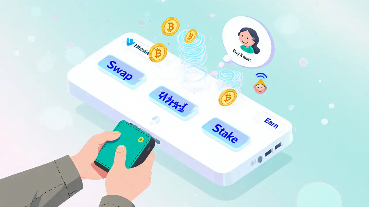 A hand connecting a wallet to a floating WOOFi interface with staking tokens rising gently.