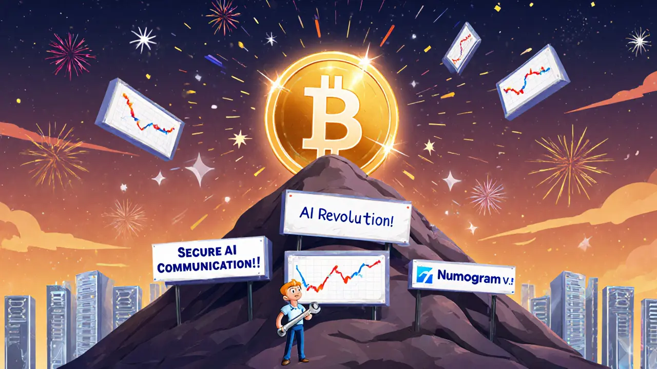 A shiny GNON token sits on a pile of empty marketing banners while a developer stares at a blank GitHub repo.