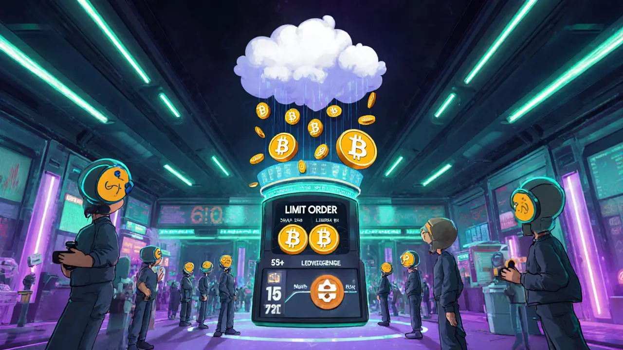 Animated trading hall with margin levers, token swaps, and insurance cloud representing Sovryn features.