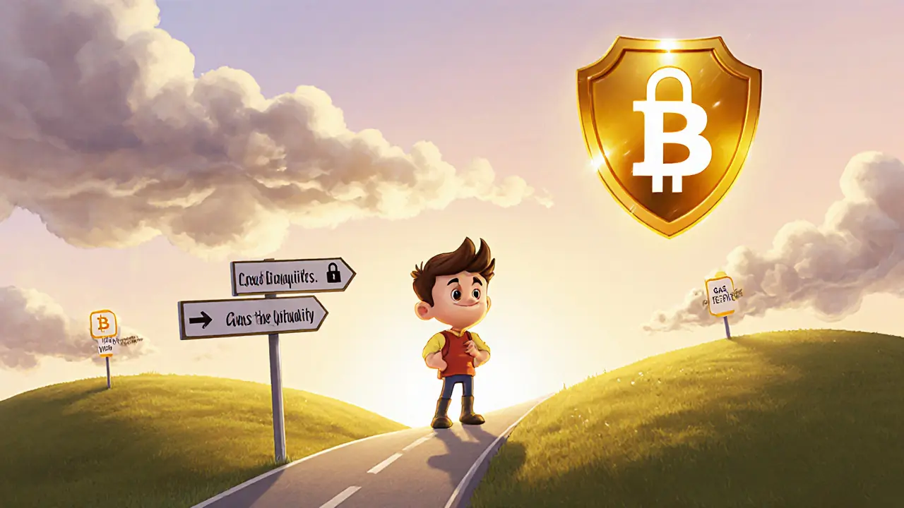 Bitcoin enthusiast on a hill looking at roadmap signs, with clouds of liquidity and gas fees.