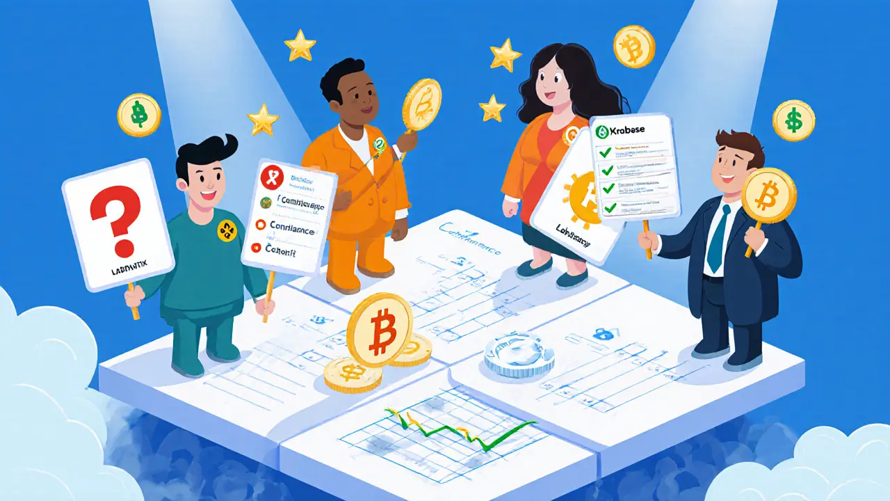 Cartoon characters compare Labrotix with Binance, Coinbase, and Kraken on a floating stage.