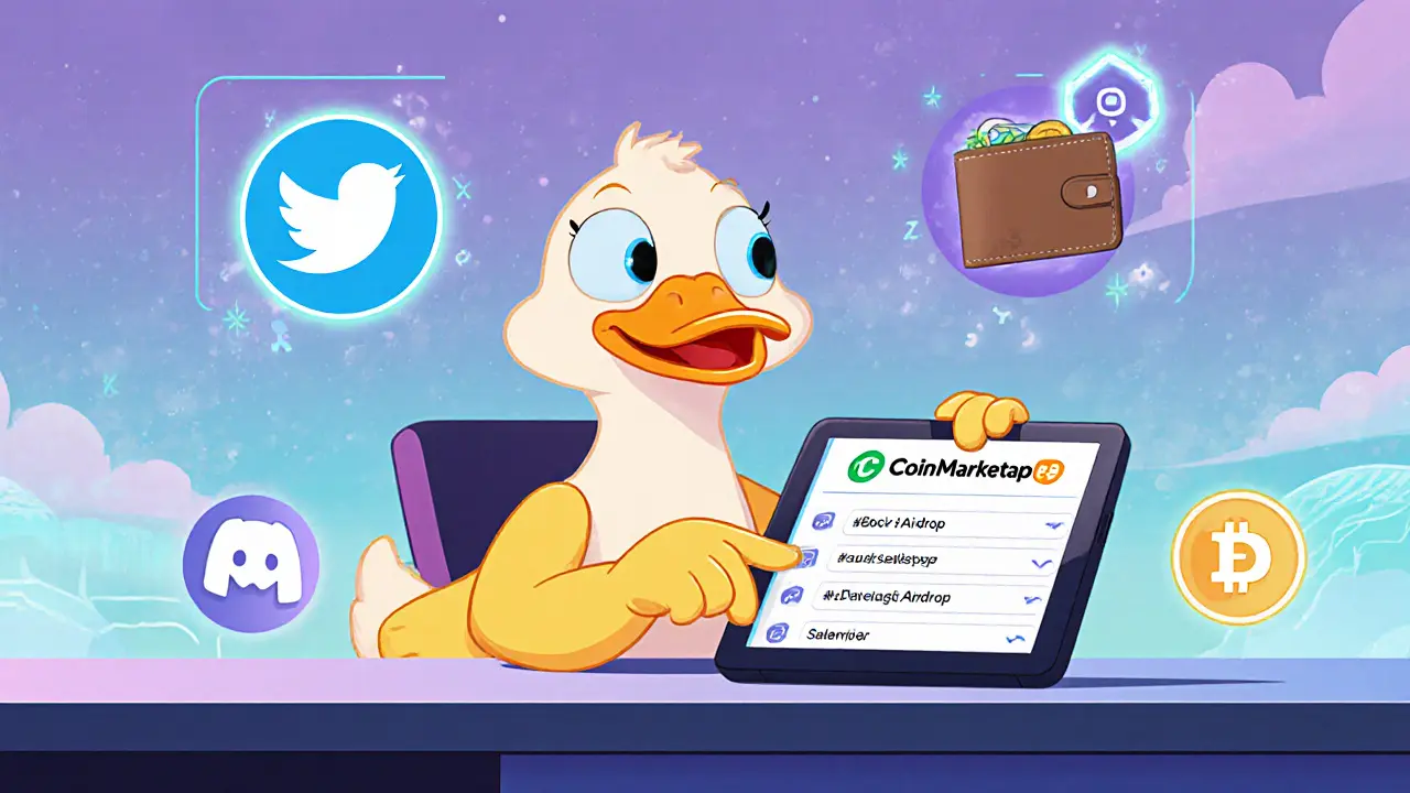 Cartoon duck at a desk using a tablet showing CMC, with Twitter, Discord, and wallet icons floating.