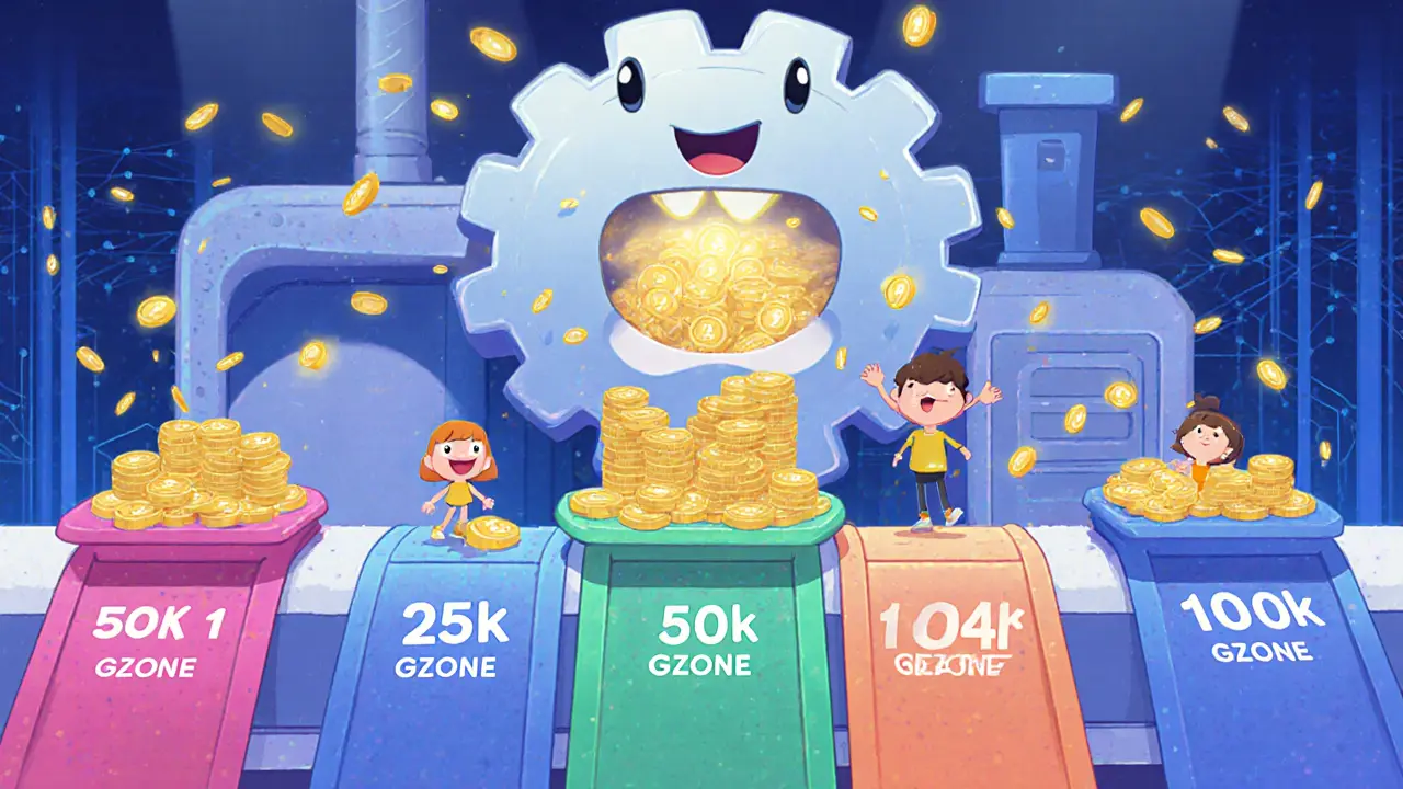 Cartoon factory shows staking tiers receiving token rewards automatically.
