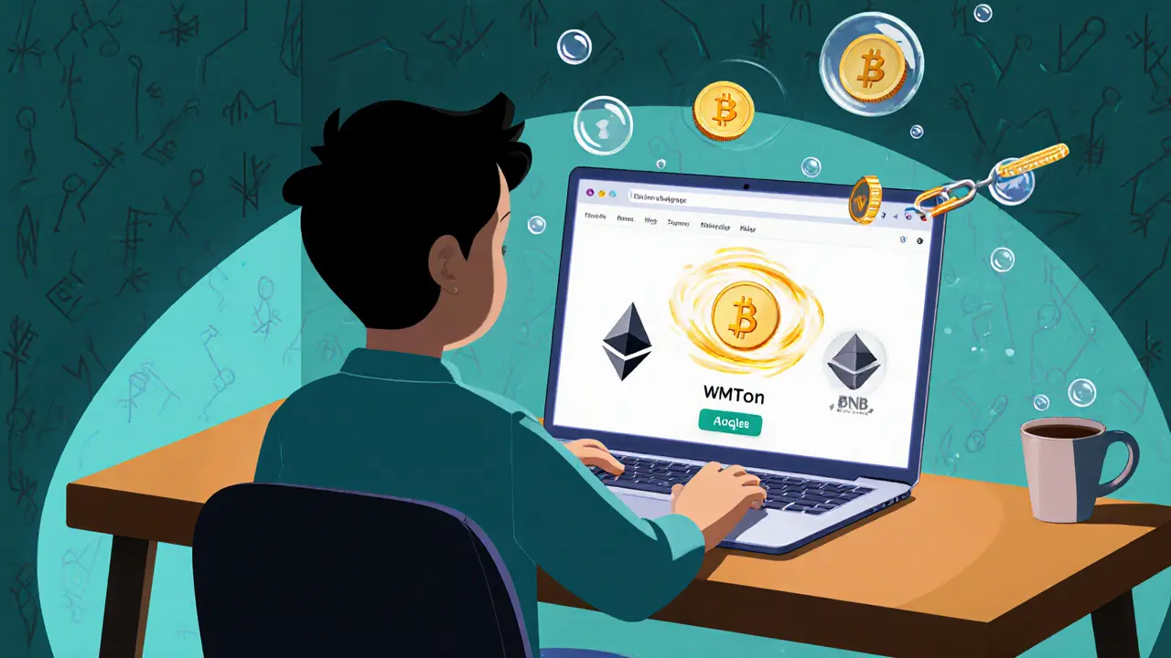 Cartoon person swapping ETH for WMTon on a laptop with floating gas bubbles and chain icons.