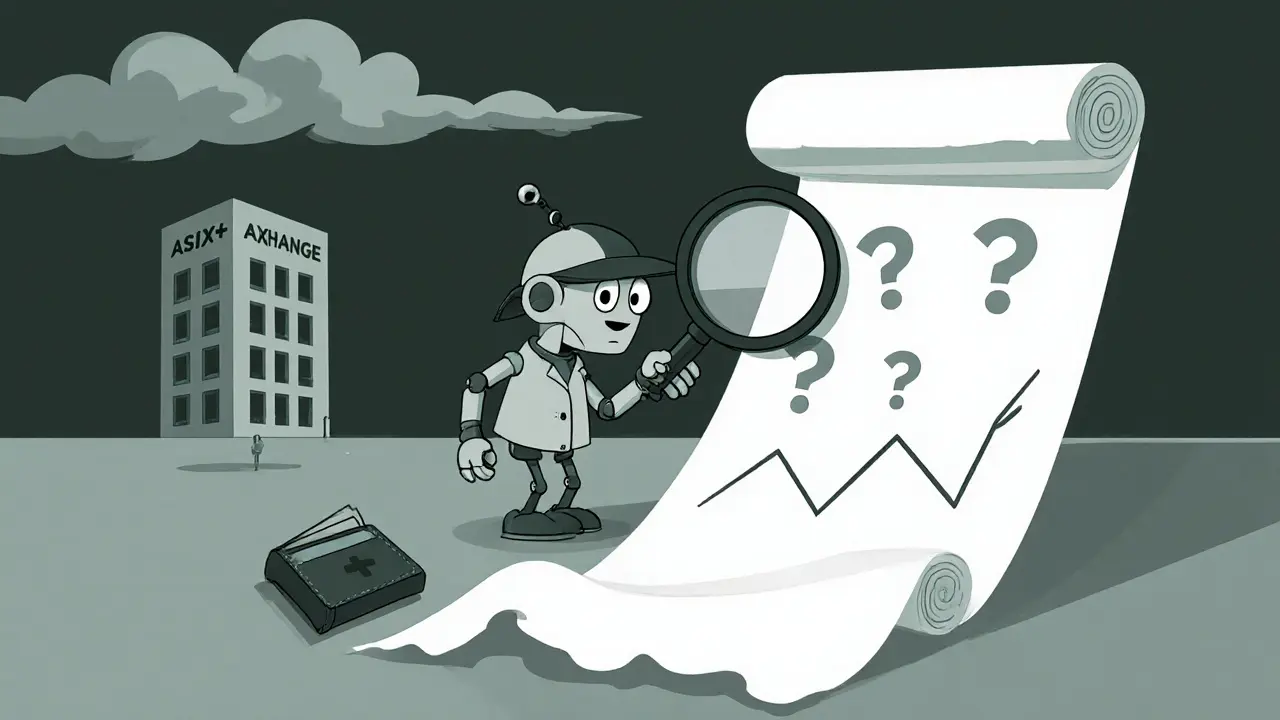 Cartoon robot detective examines a questionable smart contract with a single exchange building nearby.