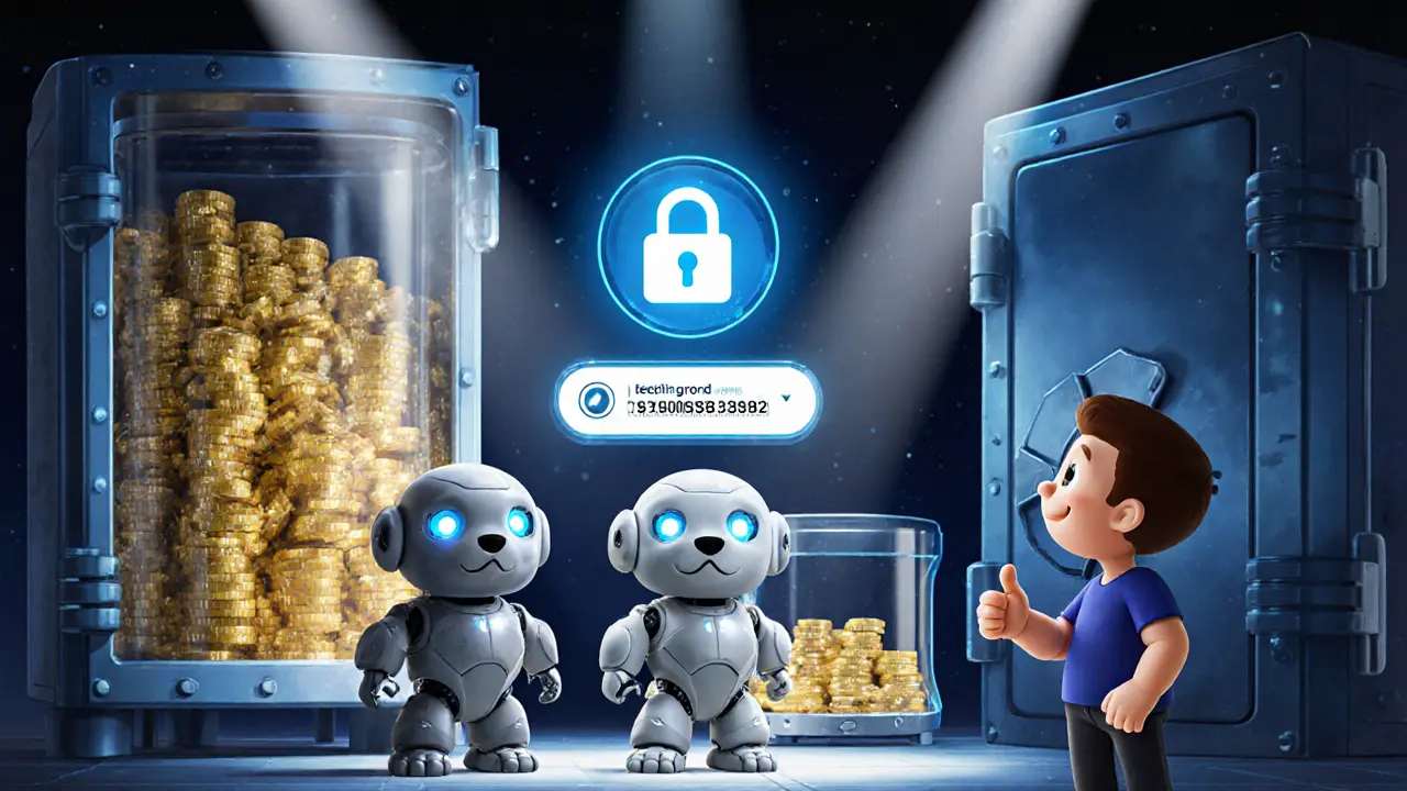 Cartoon robots guarding a glowing vault of golden crypto coins with 2FA lock screen.