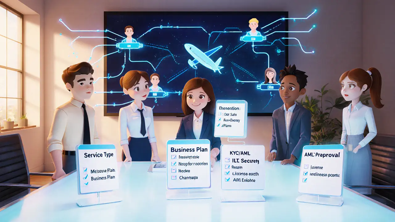 Cartoon team reviews a glowing licensing checklist and travel‑rule flowchart in a modern office.