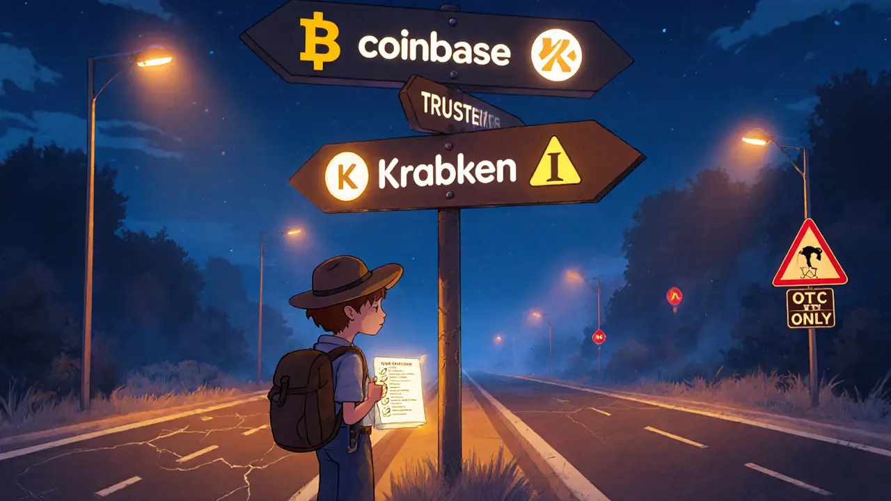Cautious trader stands at a signpost choosing between trusted exchanges and Labrotix OTC path.