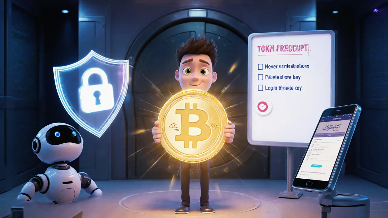 Character receiving a glowing SPAT token in a secure vault with safety icons.