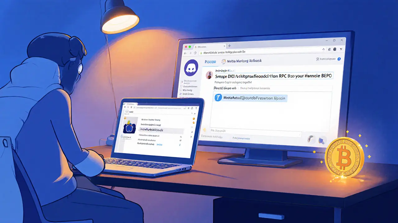 Character setting up a MetaMask wallet and entering address in a Discord bot chat.