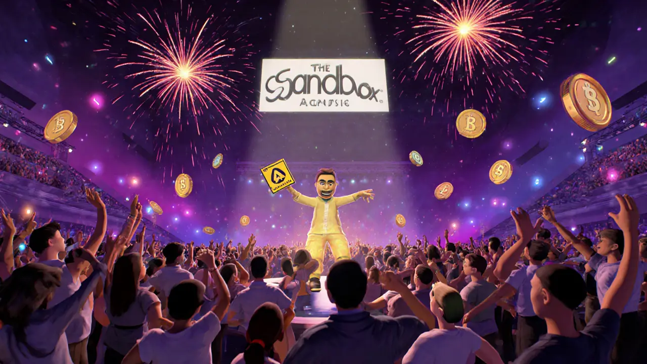 Crowd dancing at a virtual concert with SAND token fireworks and glowing LAND parcels in the sky.