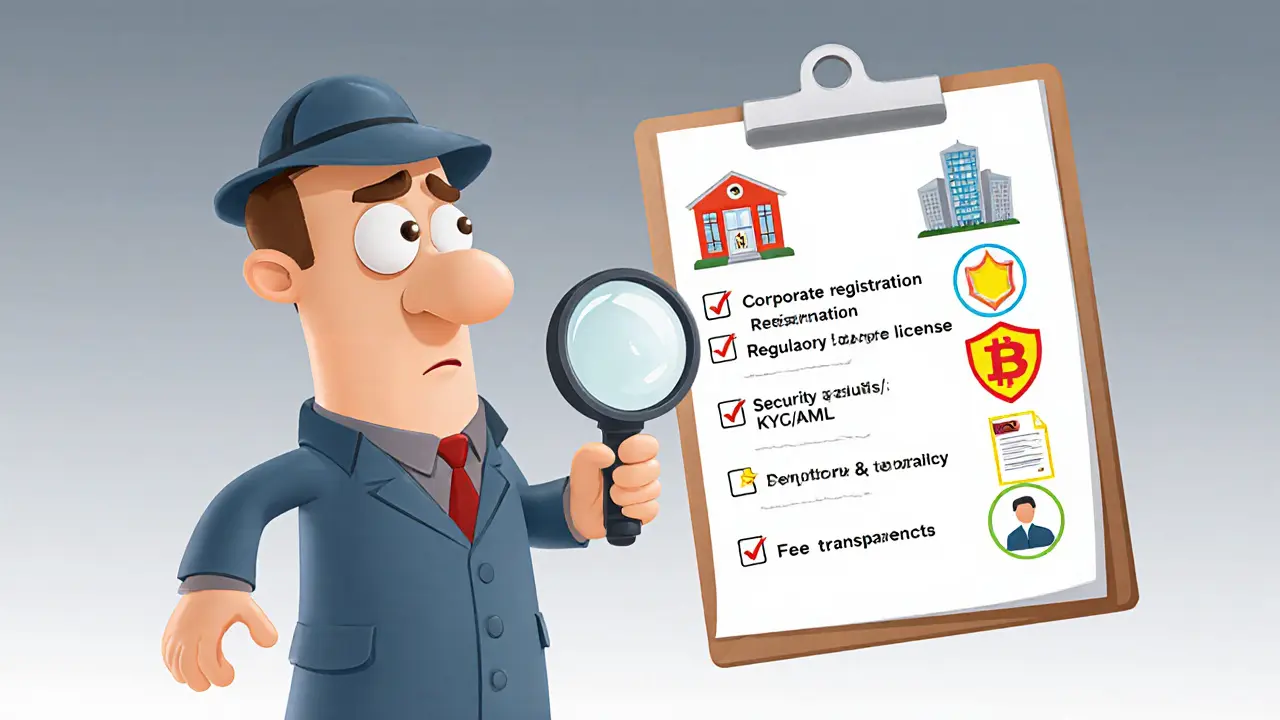 Detective cartoon checks a clipboard of exchange red‑flag items.