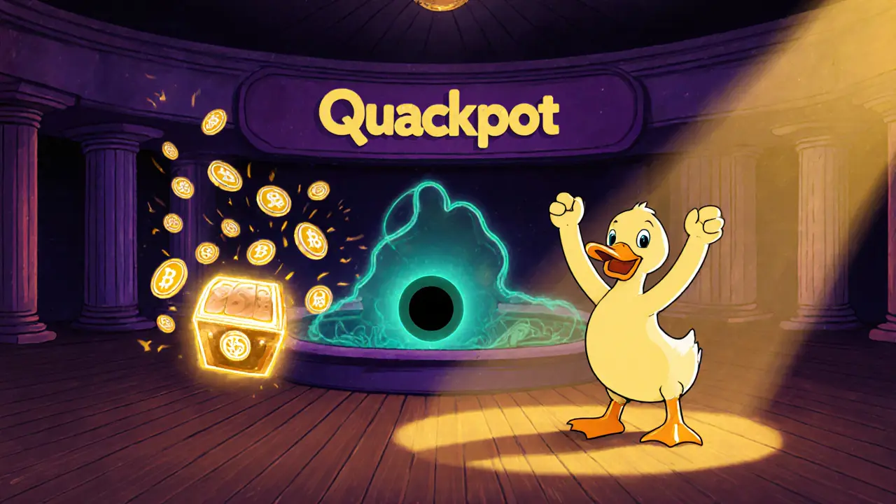 Duck celebrating in a lottery hall as coins burn and flow into a jackpot chest.