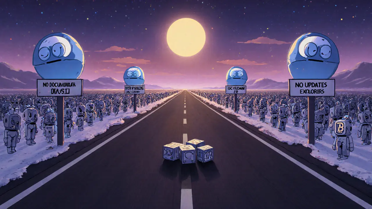 Empty blockchain highway with lonely GNON tokens and abandoned AI agents.