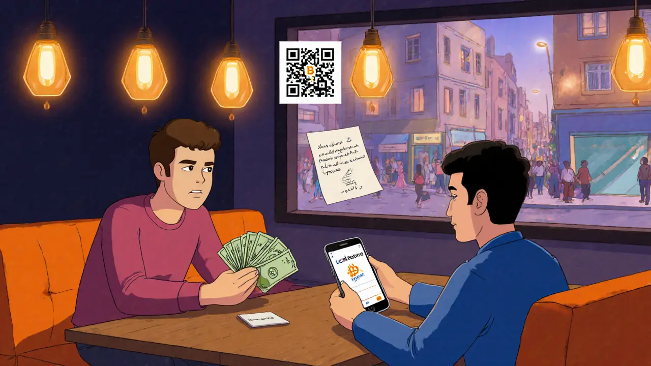 Friends exchange cash for crypto in a warm coffee shop scene.
