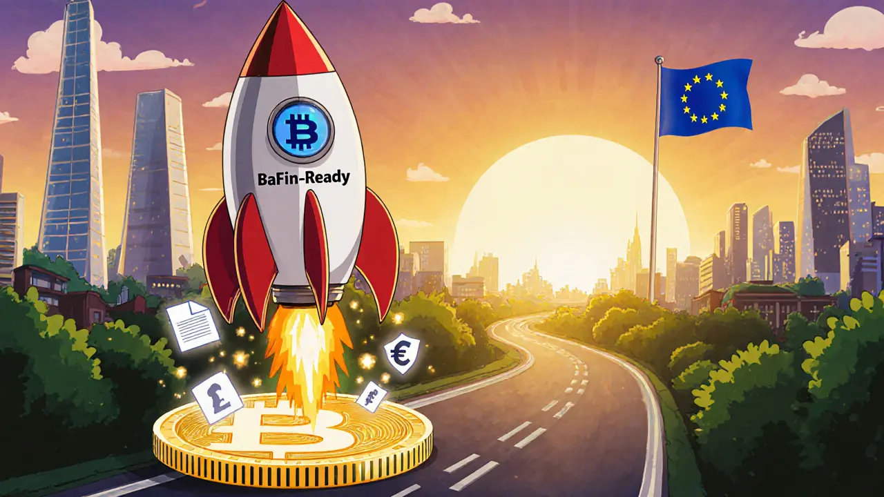 Futuristic city with a rocket labeled BaFin‑Ready launching toward a bright compliance horizon.