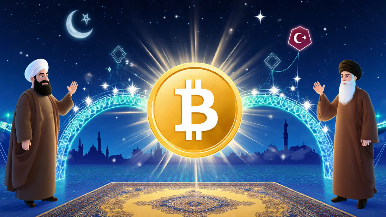 Gold Halal Stablecoin token glowing amid animated Persian and Turkish figures exchanging it through blockchain bridges.