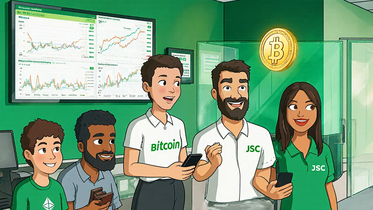 Happy customers use a licensed crypto exchange in a bright office.