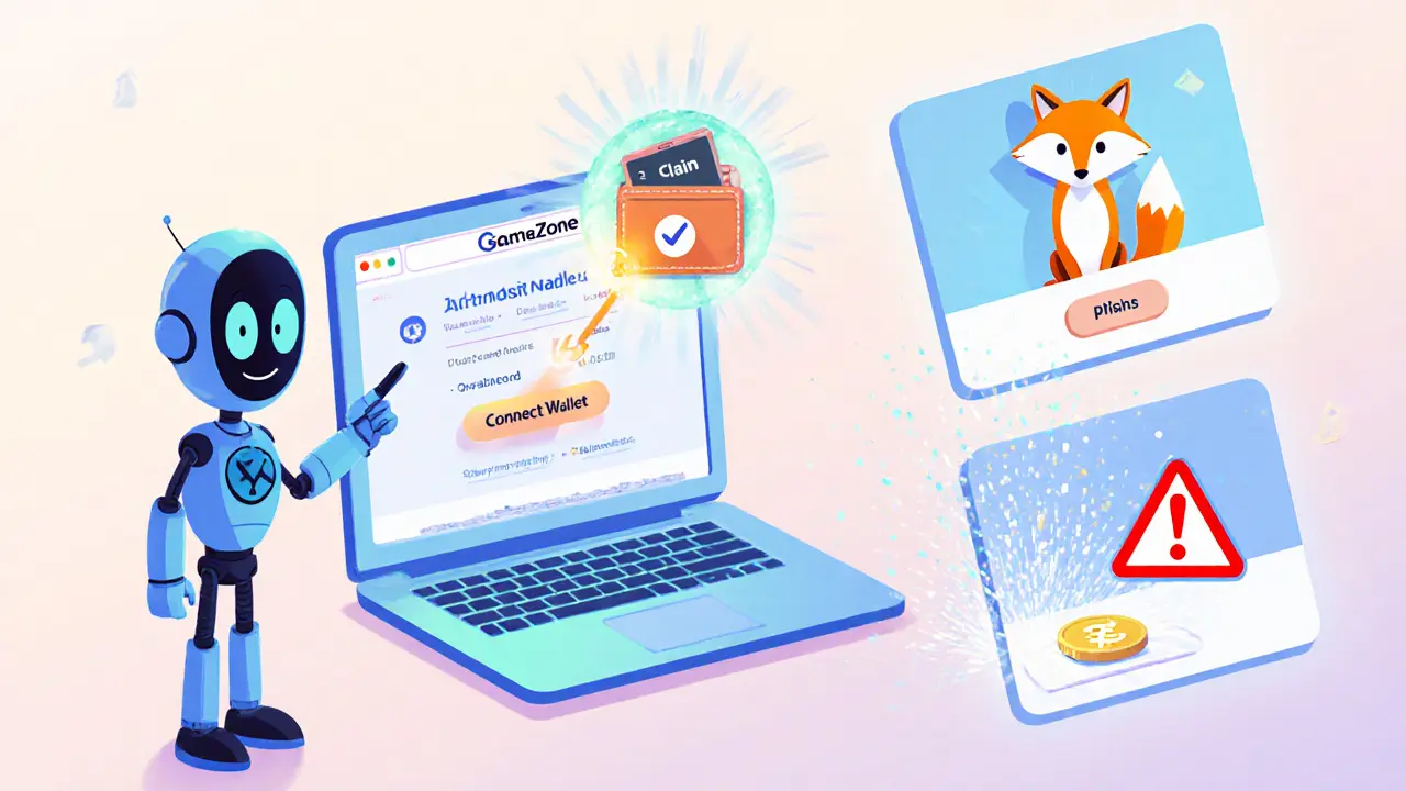 Illustration of claiming airdrop: connect wallet, verify, and receive tokens.
