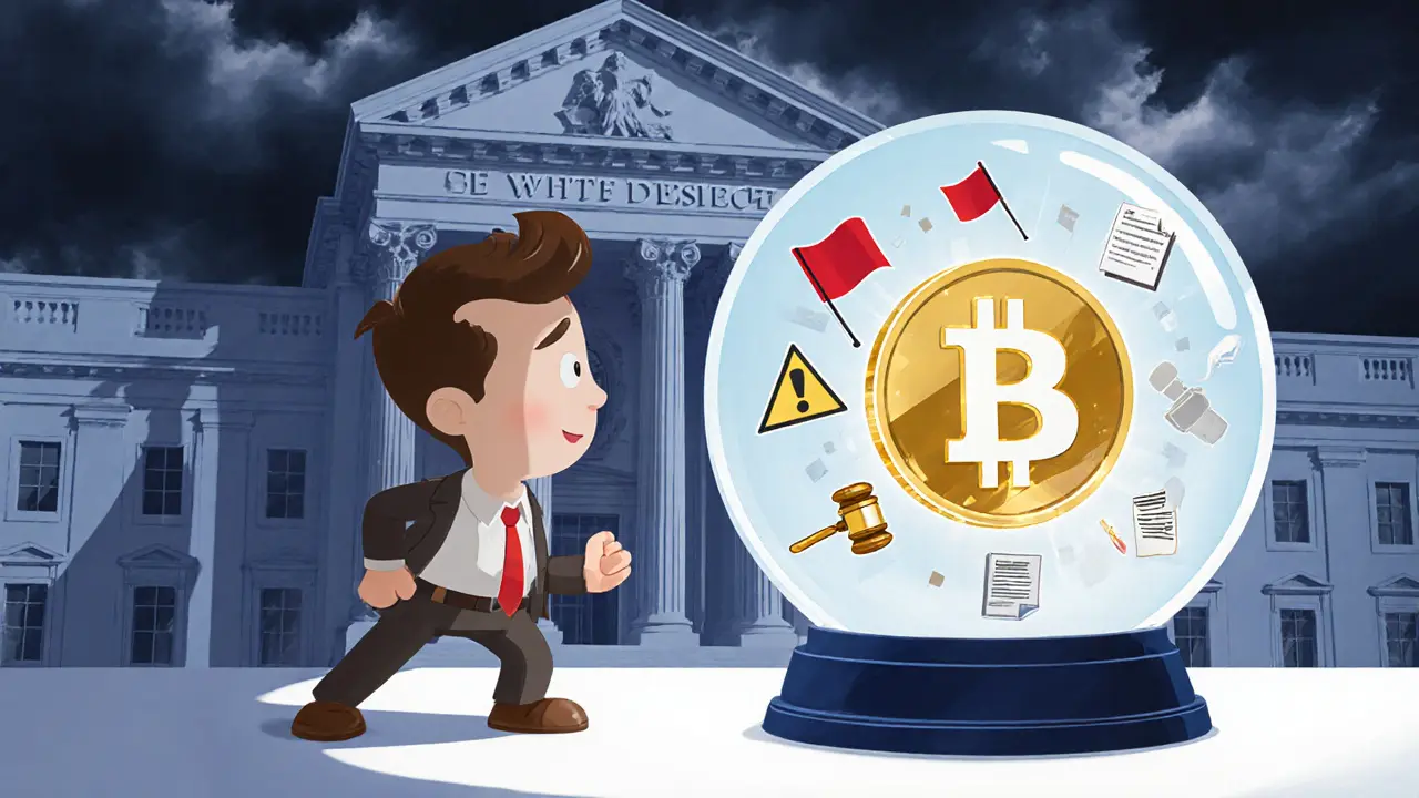 Investor looks into a crystal ball with a MKONG coin under a looming SEC building.