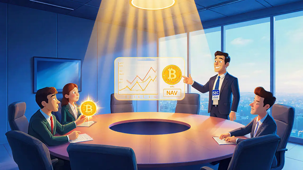 Investors at a table with a WMTon token, holographic price chart, and SEC regulator figure.