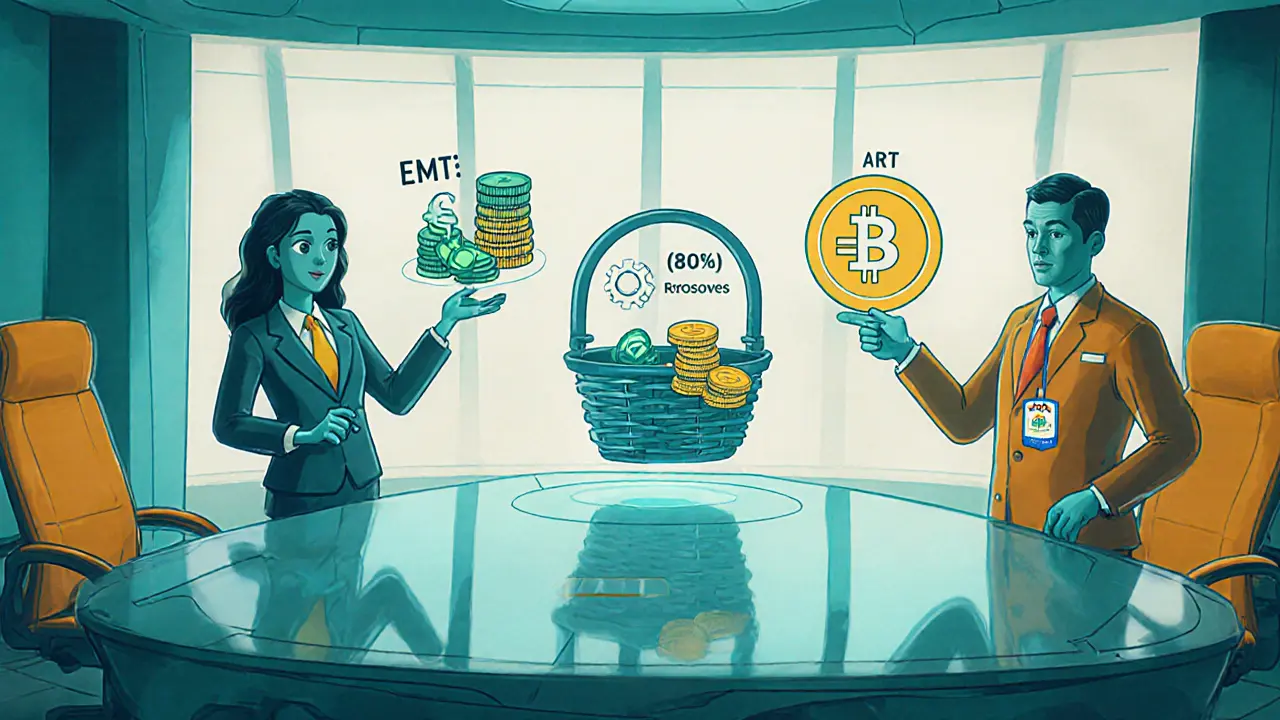 Pixar‑style conference table showing EMT, ART, and US stablecoin differences.