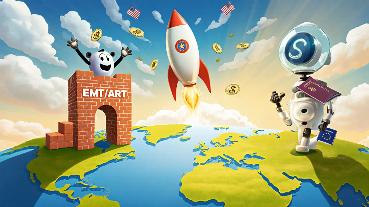Pixar‑style global playground with EU tower and US rocket representing future outlook.