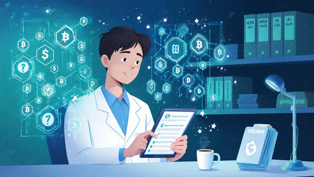 Researcher studying AI decision logs with floating GNON tokens in a futuristic lab.