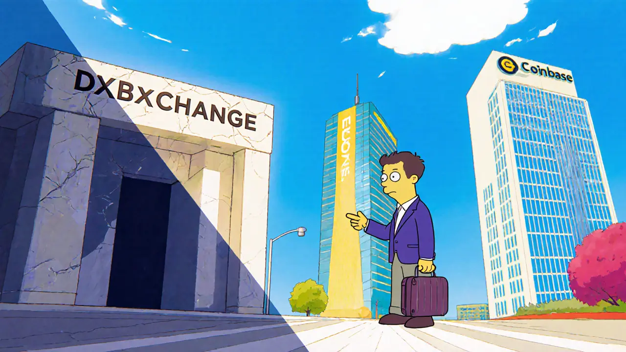 Split scene comparing shady DXBxChange building with bright Binance and Coinbase towers.