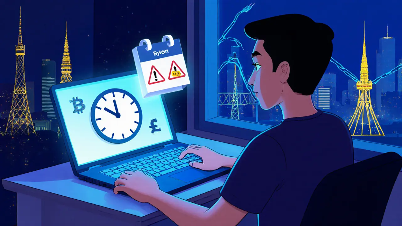 Thai user at desk checking a countdown clock and withdrawing crypto from foreign platforms.