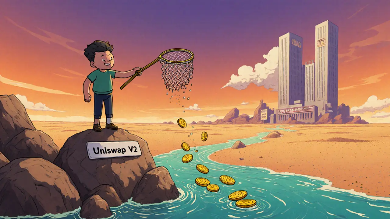 Trader on a rocky shore trying to catch a thin stream of MKONG coins amid a dry desert.