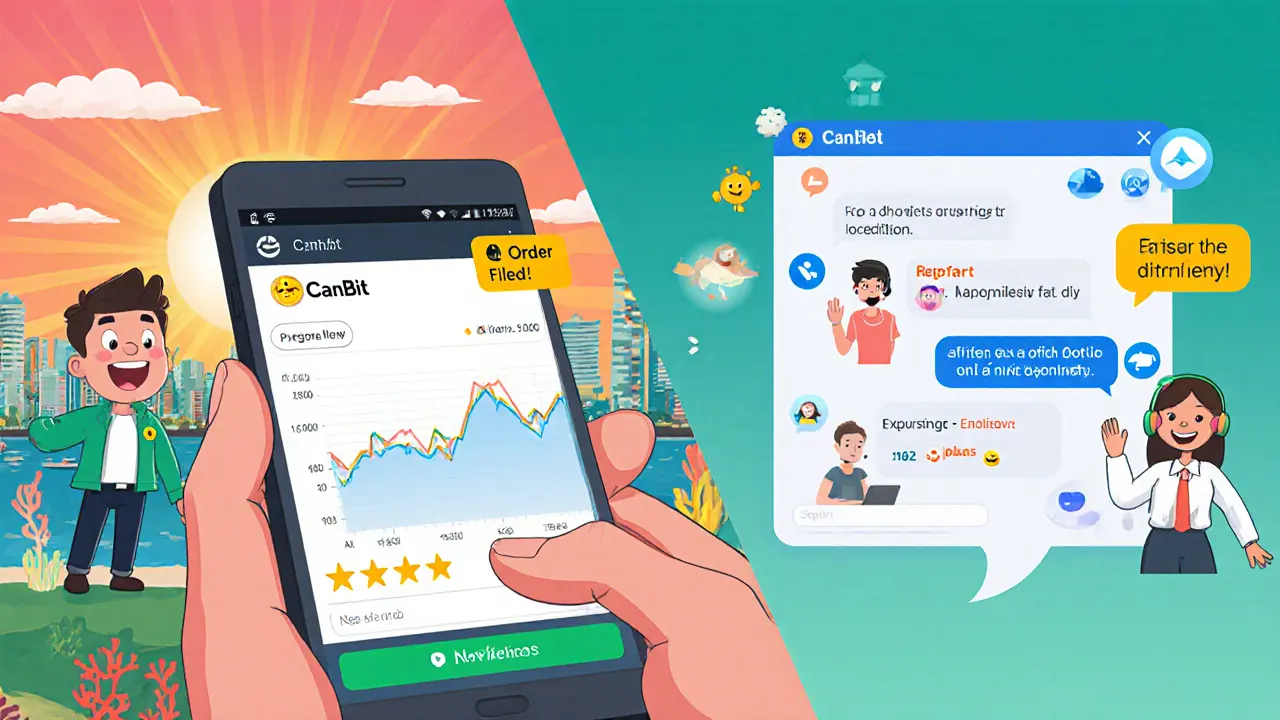 Trader with smartphone showing CanBit app and a chat window of supportive community avatars.