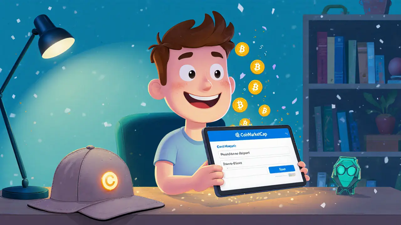 User completing a quiz on a tablet, with SAND tokens raining down and a voxel hat nearby.