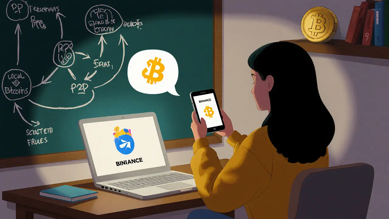 Woman using a non‑custodial wallet on phone, with a frozen Binance icon and P2P map nearby.