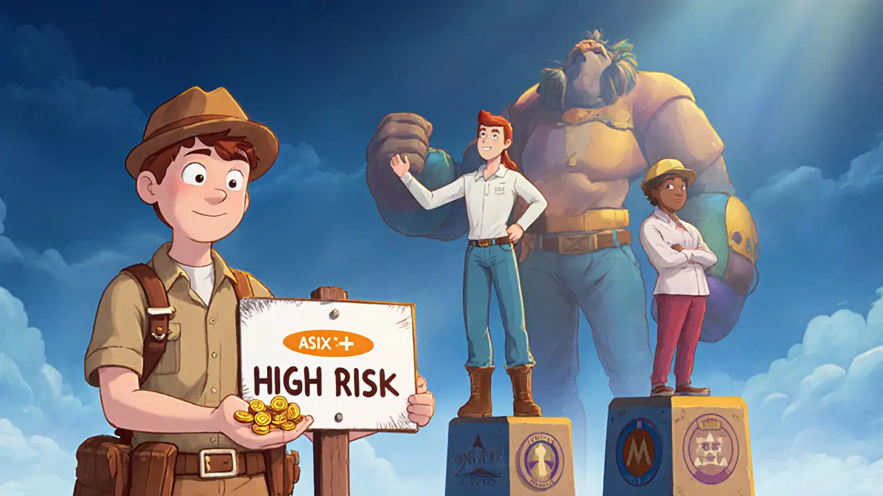 Young investor holds ASIX+ tokens beside a warning sign, with larger gaming tokens in the background.