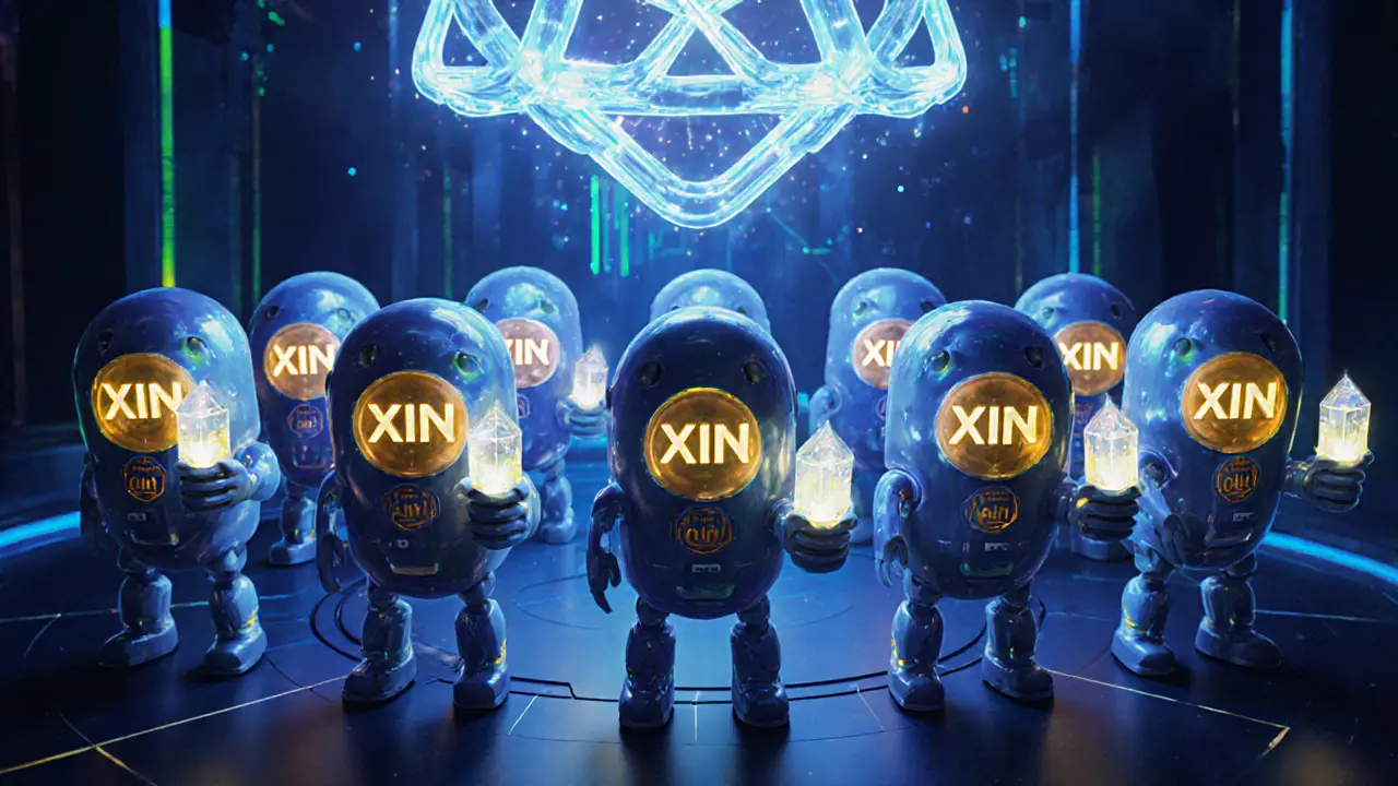 50 friendly robot nodes holding XIN crystals in a glowing DAG network structure.