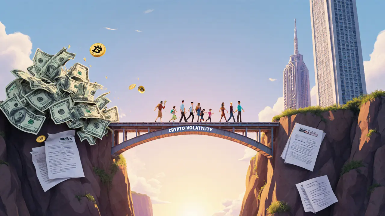 A bridge of dollar bills connects stable stablecoins over a chasm of crypto crashes.